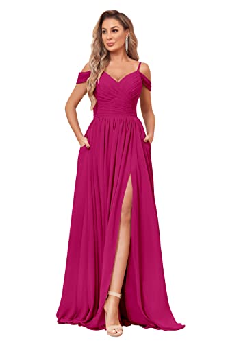 Image of BOLENSYE Off the Shoulder Bridesmaid Dresses with Pockets Ruched Chiffon Long Slit Formal Evening Gown