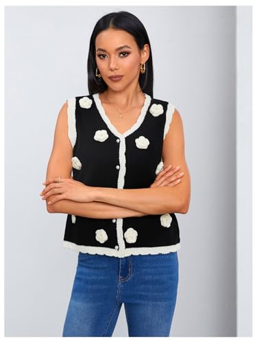 Image of MakeMeChic Women's 3D Floral Pearls Crochet V Neck Button Down Sleeveless Sweater Vintage Vest Knitwear Black Small