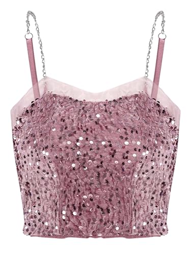 RUNQHUI - Camiseta de tirantes para mujer con lentejuelas y tirantes de crop Top brillante Tank Top Top Casual Casual Party Clubwear, rosa fuerte, Talla única