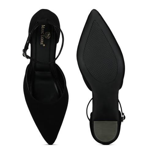 Image of Marc Loire Women's Pointed Toe Block Heel Pumps | Office & Party Shoes with Ankle Loop & Buckle Strap | Formal Footwear