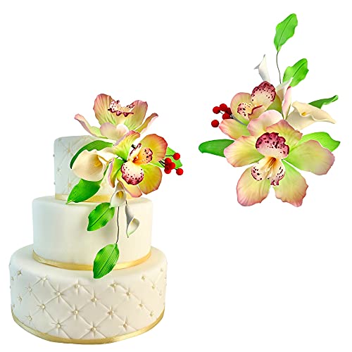 Ramo de orquídeas y lirios de azúcar de 22 cm. Cake topper para decoración de tartas, fiesta, cumpleaños, bautizos, bodas y decoración de mesa