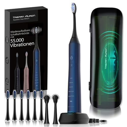 Tristan Auron Schallzahnbürste - 55.000 Schwingungen - 5 Modi - 60 Tage Akku + inkl. Etui mit UV Desinfektion und 6 Ersatzbürste und 2 Zungenreiniger - Business Class blau
