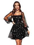 Floerns Women's Lantern Long Sleeve V Neck Mesh Cocktail Party Short Dress Without Belt Black Galaxy XL
