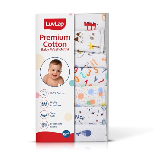 LuvLap Hosiery Cotton Cloth Premium Baby Washcloth for New Born, Washable (30 cm x 30 cm), Reusable, Absorbent, Extra Soft Face Towels/Washcloth for Babies, Alphabets Print, Pack of 7 Pcs, Multicolour