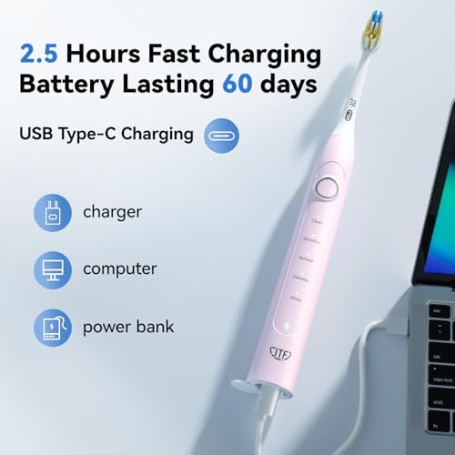 Sonic Toothbrushes Adults JTF Electric Toothbrushes Adults Pink Electric Toothbrush Rechargeable with Timer, 50000 VPM, USB Fast Charge, 4 Hours Last 90 Days, 5 Mode, 6 Dupont Heads
