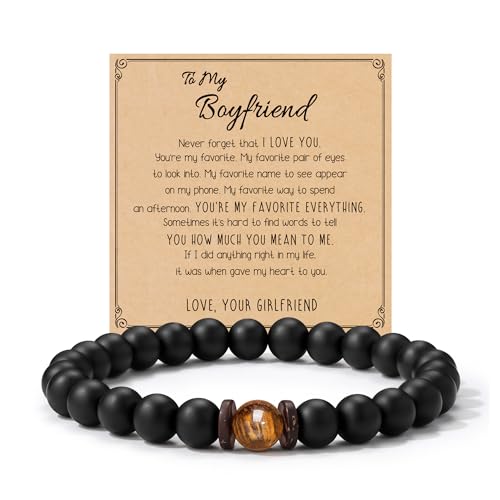 Beaded Bracelets for Men Stretch Bracelet Natural Stone Tiger Eye Bracelet Healing Crystal for Men Boys Boyfriend Gifts from Girlfriend Anniversary Birthday Gift for Him Boyfriend To My Boyf
