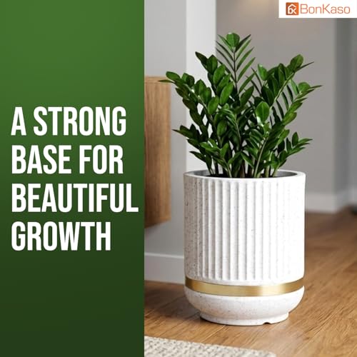 Image of BonKaso 14 Inch Tower Plant Pot for Indoor & Outdoor | Modern Lightweight Polymer Planter | Weather, UV & Frost Resistant | Ideal for Living Room, Balcony, Office & Nursery (White)