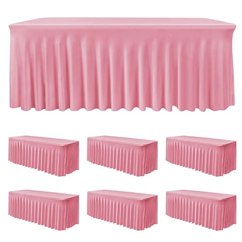 Image of HolidayIdeas 6 Pack 6ft Spandex Table Covers for Brithday Parties, Fitted Stretch Table Skirts 30x72 Inch, Wrinkle-Free Floor Length Tablecloths for Weddings, Banquets Events, Pink