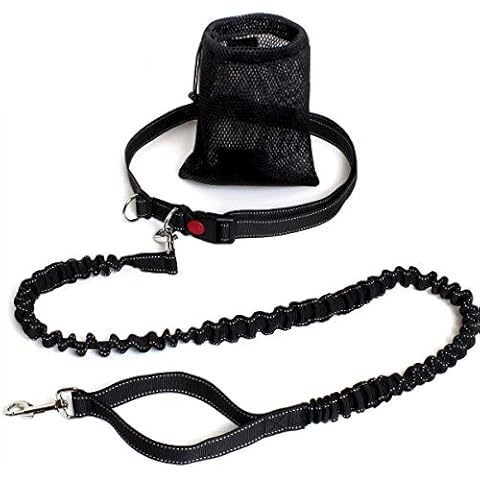 igadgitz home U6990 - Stretchy Dog Running Lead Dog Walking Belt Hands Free Dog Lead with Waistband and Drawstring Carry Bag - Black Cover