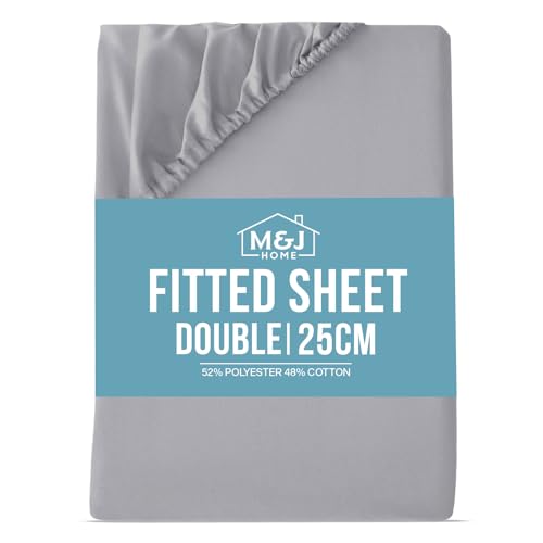 Image of M&J Home Double Bed Fitted Sheet Silver - 25cm Drop - 132 Thread Count Polycotton - Easy Care Machine Washable - 52% Polyester 48% Cotton - Fade Resistant