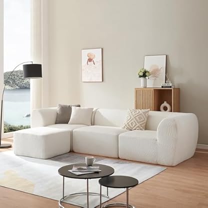 [en.casa] Modular Sofa 3-Sitzer Hurvas mit Longchair Wohnzimmer Couch Bouclé Polstersofa 2 x Eckelement mit Armlehne 1 x Mittelelement 1 x Hocker Relaxsofa 76 x 313 x 181 cm Cremeweiß