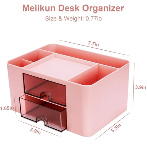 Image of ZIBUYU Desk Organiser Office Table with 2 Drawers & 5 Compartments, ABS Pen Holder /Stand for Office Table, Stationary Organizers Box, for Stationery, Makeup & Study Organization(Pink)