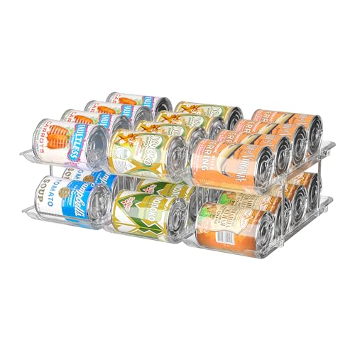 Can Organizer for Pantry, 2 Tier Stackable Rolling Can Storage Rack | Automatic Rolling, Modular Combination, Clear, Holds 24 Cans, Fits Cabinets, Pantry & Fridge, Easy Access, Space Saving