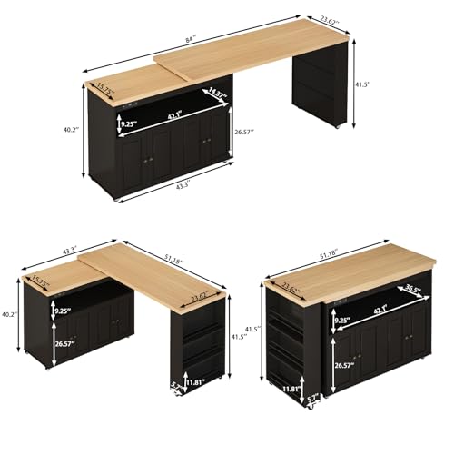 Image of 84'' Rolling Kitchen Island with Swivel Table, Islands Cart with LED Lights, Power Outlet, Movable Storage Cabinet with Side Tabletop on Wheels, for Living Room, Home Bar, Black