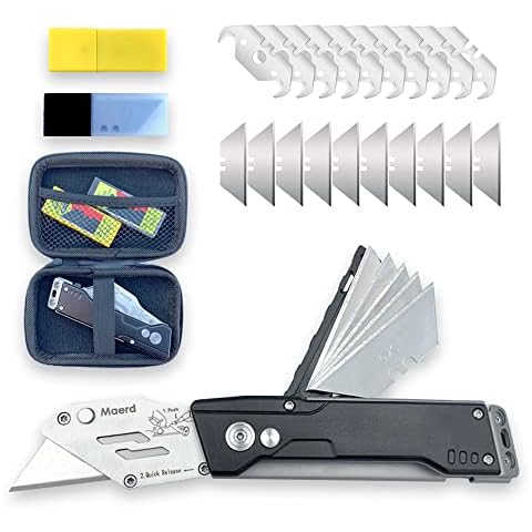Maerd Folding Utility Knife Quick Change, Heavy Duty Box Cutter Pocket Knife with Frame Lock, Blade Storage in Handle with Extra 25 Blades Included, Razor Carpet Work Knives EDC with Belt Clip (Black) Cover