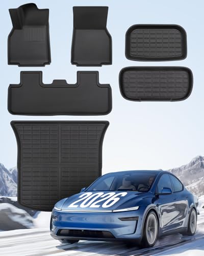 TAPTES 6 peças tapetes para Tesla Model Y Juniper 2025 2026, tapetes para todos os tipos de clima, acessórios para Tesla e Juniper, tapetes dianteiros e traseiros para porta-bagagens, tapetes