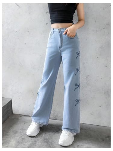 GORGLITTER Girl's Baggy Bow Jeans Wide Leg Loose Straight Leg Denim Pants Y2k with Pockets 8-12Y3