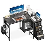 Coleshome Computer Desk with Drawers, 100x70 cm Corner Desk for Home Office, Reversible L Shaped Office Desks Black