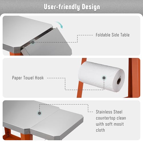 Image of Feasto Outdoor Grill Table, Rolling Pizza Oven Stand, 31 inch x 19 inch, Orange | Outdoor Bar Cart with Foldable Extension Table for Compact Pizza Ovens & Griddles, Patio BBQ & Deck Parties