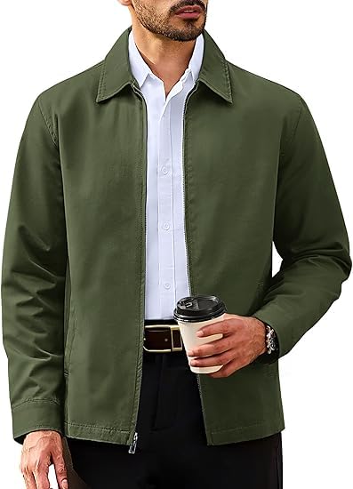 TACVASEN Sommerjacke Männer Leichte Fliegerjake Frühling Sommer Blouson Full Zip Up Bauwolle Bomberjacke mit Taschen Armeegrün, L