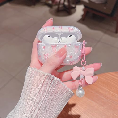 Image of MINSCOSE for Cute Glitter AirPods Pro 3rd Generation Case (2025) with Cleaner Kit,Shell Pattern Bow Ribbon Trendy Design with Bowknot Pearl Keychain for Girls Women for Airpods Pro 3-Pink