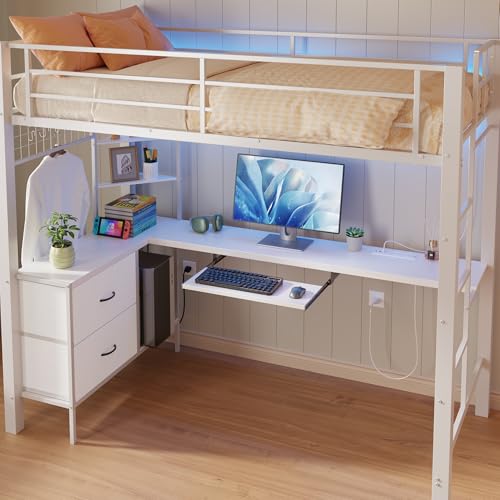 Gizoon Twin Loft Bed with L-Shaped Desk and LED Lights, Charging Station, Storage Shelves, Heavy Duty Metal Loft Bed Frame with Drawers, Safety Guard & Ladder, No Box Spring Needed, Space-Saving,White