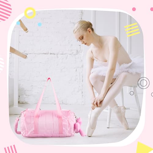 Image of 12.8 Inches Quilted Puffer Ballet Dance Bag Cute Tote Bag with Hanging Bow Pendant for Travel Dancing Dress