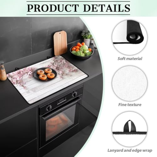 Image of Stove Top Cover Protector for Glass Ceramic Stoves Universal Induction Cooktop Mat Machine Washable Multipurpose kitchen Decor Mat, 29 x 21 Inch, Peach Blossom White Wood Grain
