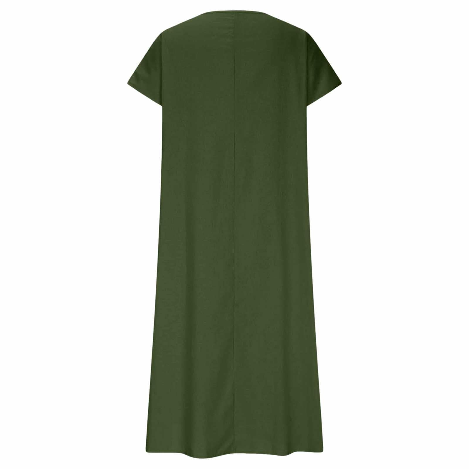 Robe Femme en Coton et Lin Ample à Col en V Manches Courtes Légère Ample Robes avec Poche Boheme Chic Longue Robe D'Été Pas Cher