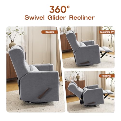 Image of Rocking Chair Nursery with Adjustable Headrest,Comfy Swivel Rocker Recliner with Lumbar Support, Manual Nursery Chair Rocker Recliner with Cup Holder and Side Pockets, Grey