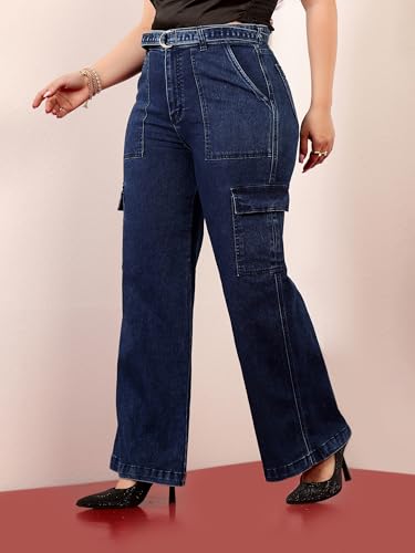 Image of Miss Chase A+ Women's Wide-Leg High-Rise Regular-Length Stretchable Cargo Denim Jeans