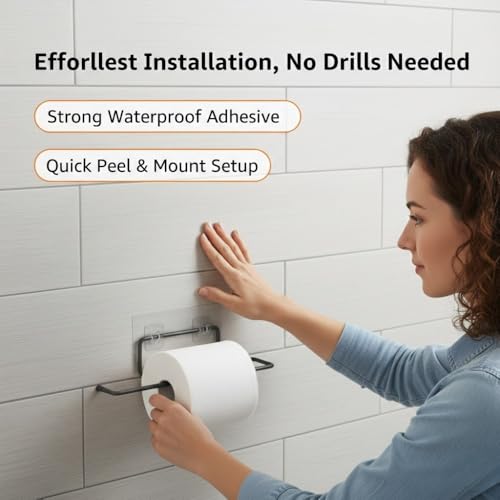 Image of Self-Adhesive GI Steel Toilet Paper Holder, Tissue Roll & Napkin Stand for Bathroom, Multipurpose Towel Holder, Black, Pack of 2