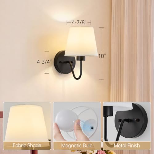 Image of Lightania Battery Operated Wall Sconces Set of 2, Black Rechargeable Wall Lights with 10000mAh Dimmable Bulbs & Remote Control, 15 Colors Wireless Wall Lamps for Bedroom Living Room Hallway Decor