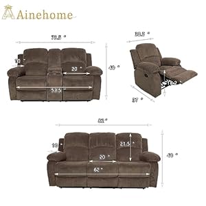 A ainehome 3 piece set corduroy recliner sofa set with storage modern taupe brown for living roomoffice  urban country home decor