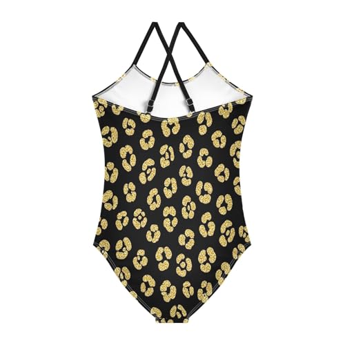 Little Girls Bathing Suits, Summer Beach Swim Suits Kids 3-10 Y, Gold Leopard Spots Black2