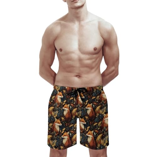 Hawaiian Shorts for Men - Comfy Retro Forest Fox Print Mens Swim Trunks Bathing Suits with Mesh Lining3