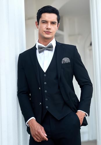 HISDERN Herren Paisley Grau Fliege und Einstecktuch mit Manschettenknöpfe Set，Schleife mit Haken - Bereits Gfebunden，Verstellbare Fliege，Vorgebundene Fliege，für Hochzeit Sfeier Weihnachten Halloween