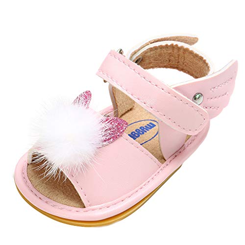 Baby Girls Sandals Toddler Newborn Summer Fashion Fluffy Pom Open-Toe Little Kids Boots Sandal Crib Shoes (Pink, 18-24 Months)