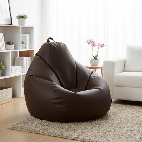 Image of 5XL Premium Leatherette Bean Bag with Rectangular Footrest & Cushion | High Density EPS Beans Filled | Teardrop Shape with Handle | 6 Months Warranty (Brown, 5XL Single, Solid)