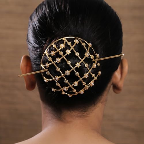 Image of Hair Bun Cage Accessory for Women | Handcrafted Brass Juda Cover with Stick | Anti-Tarnish Traditional Hair Accessory for Wedding & Festive (Pear Flower Hair Bun (Golden))