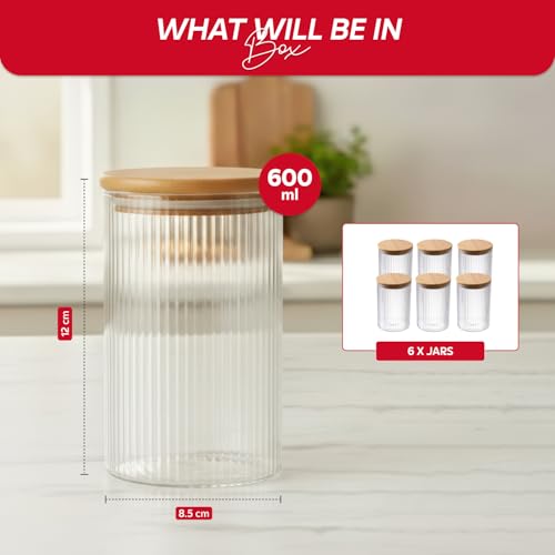Image of amazon basics Fluted Glass Jars with Bamboo Lids, Set of 6, 600ml Decorative Kitchen Storage Containers for Snacks, Dry Fruits, Tea, Coffee, Sugar & Pantry Organization