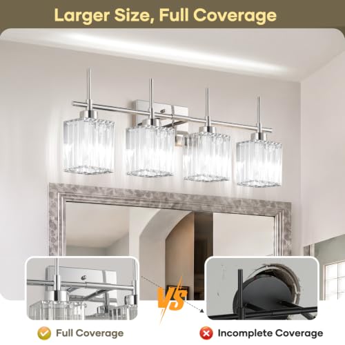 Image of Torondo Modern Crystal Bathroom Vanity Light 4-Lights Chrome Bathroom Light Fixtures Over Mirror Vanity Lighting Fixtures Gold Square Shade Wall Sconce (Bulbs Not Include)