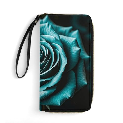 Women Wallets Teal Gray Rose Leather Wallet for Women Thin Wallet with Zipper Pocket Card Holder