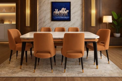 Image of WOODEN SPACE 6-Seater Wooden Dining Table Set | Nano Composite Marble Top | Solid Wood Base | Modern Dining Room Furniture with 6 Chairs (Mustard Vintage)