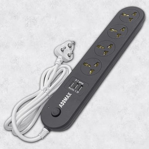 Image of ADDMAX Extension Cord with USB - 4 Socket Power Strip with 3 USB Ports | 3 Meter Heavy Duty Cord | 10A 220V Multi Plug Extension Board | Fire Flame Proof Surge Protector for Home & Office - Dark Grey
