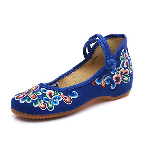 DAYISS Women's Chinese Handmade Embroidered Oxfords Flats Flower Dancing Ballet Canvas Loafers Mary Jane Cheongsam Shoes(6.5 B(M) US,Blue)