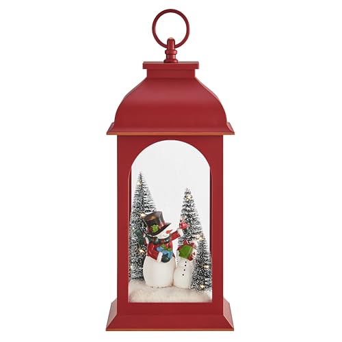 Farol iluminado de invierno con escena de muñeco de nieve rojo decorativo