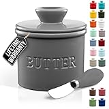 Zulay Kitchen Porcelain Butter Crock With Lid & Knife - Authentic French Butter Dish For Fresh & Spreadable Butter - Gray