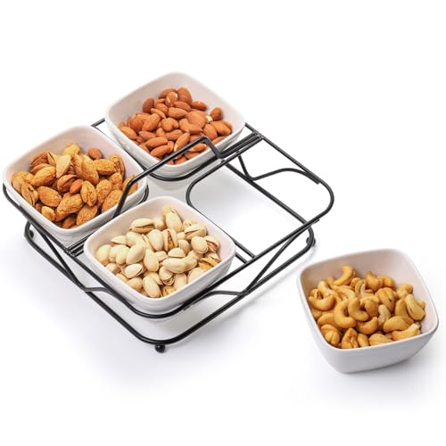 Ceramic-Divided-Serving-Dishes-4-Removable-Snack-Bowls-with-Metal-Stand-9-Inch-Appetizer-Platter-with-Handle-Dip-Bowls-for-Party-Condiment-Serving-Relish-Tray-for-Chips-Dips-Nut-Candy Ceramic Divided Serving Dishes 4 Removable Snack Bowls with Metal Stand 9 Inch Appetizer Platter with Handle Dip Bowls for Party Condiment Serving Relish Tray for Chips Dips Nut Candy