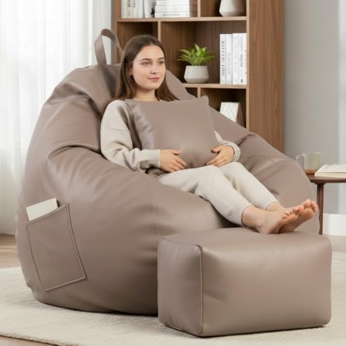Image of KAM'S LIEU 5XL Luxury Faux Leather Bean Bag with Footrest & Cushion | Pre-Filled High-Density Polystyrene Beans | Premium Leatherette | 6 Months Warranty Color- (Beige, with Footrest)
